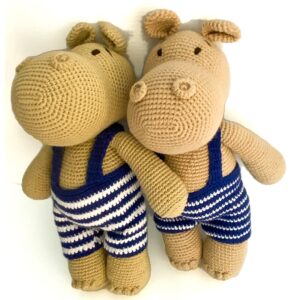 Handmade Cotton Crochet Hippo in Overalls- The Inspirational Studio 