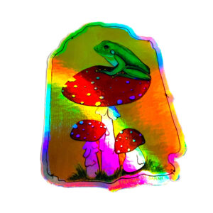 Amanita with Green Frog – Holographic Sticker - The Inspirational Studio